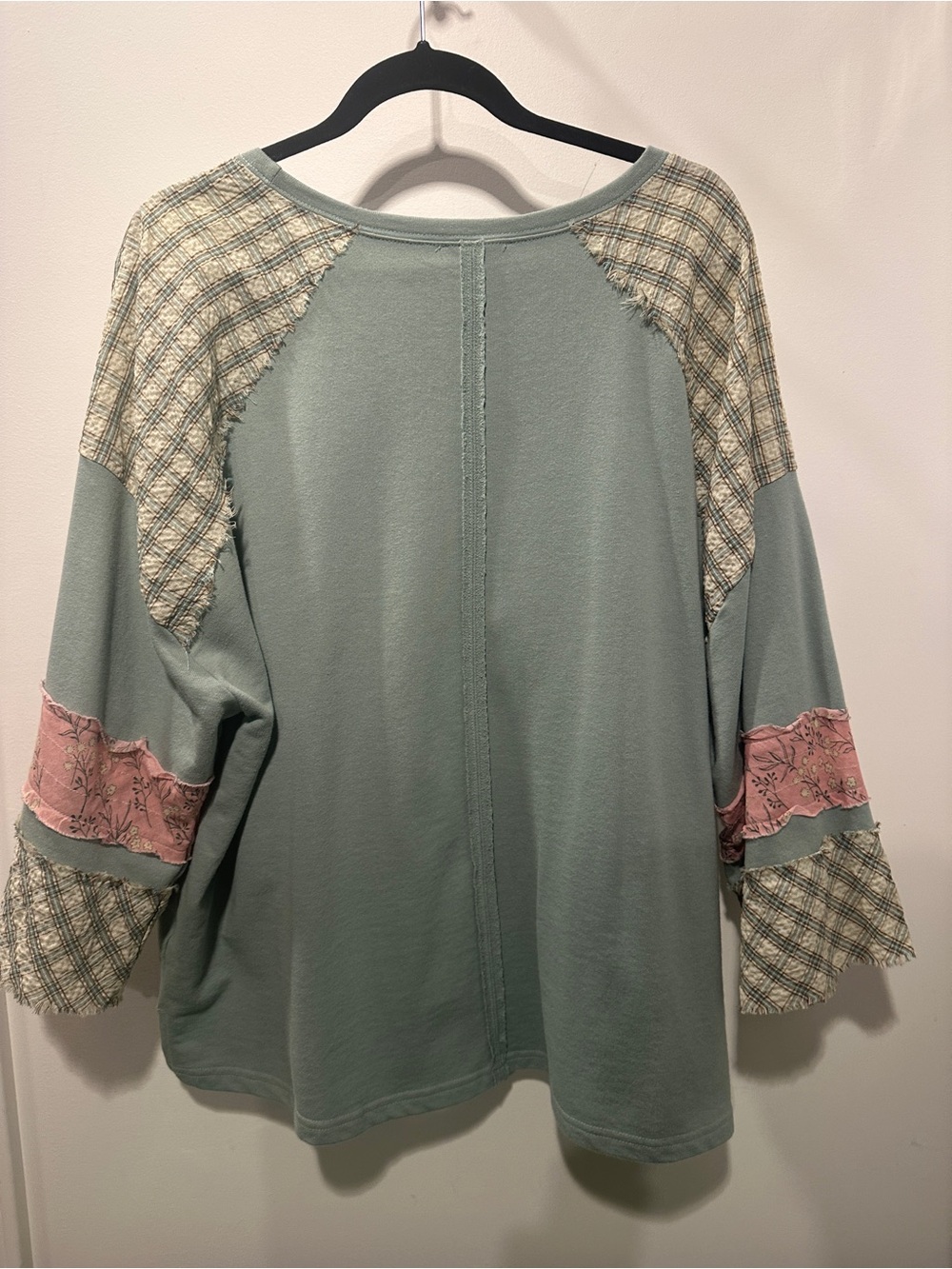 easel Sage Green Patchwork Heart Pullover with Pink Accents - Large (oversized) - Picture 9 of 9